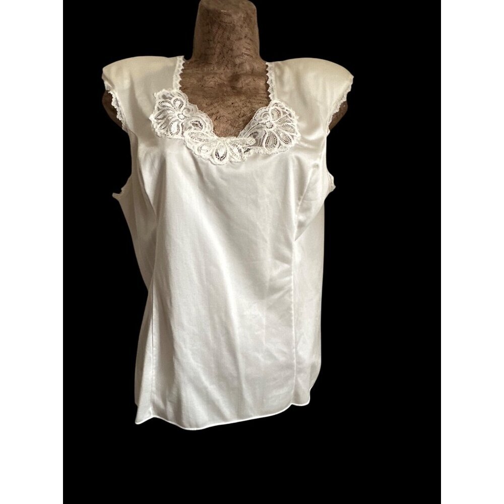 Vintage White Sleeveless Blouse/Camise with Delicate Lace Trim & Floral Neckline